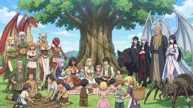 大樹の村でヒラクと妻、子供、ドラゴン、吸血鬼など多様な種族が仲良く集う