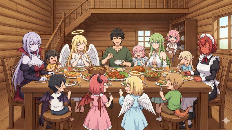 ヒラクを中心に、ルー、ティアなどの妻たちと多くの子供たちが賑やかに食卓を囲む家族の食事風景