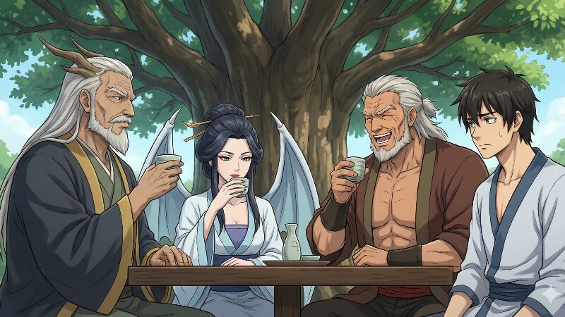 人間の姿をした竜王ドース、ライメイレン、暗黒竜ギラルらが集まり、酒を飲みながら談笑している