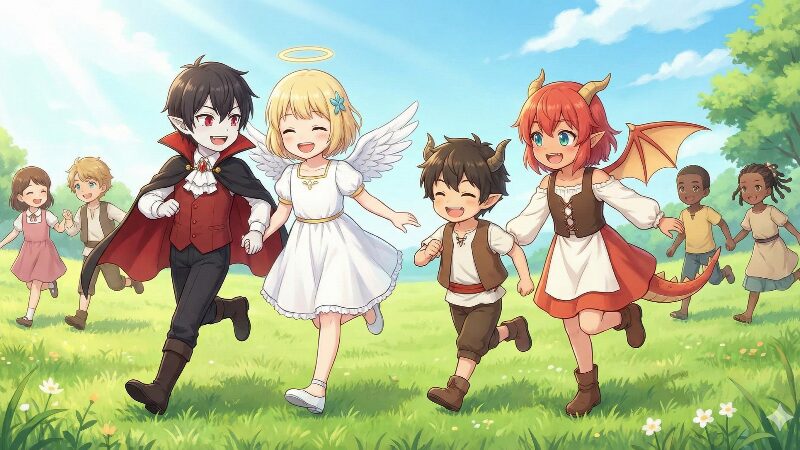 アルフレート、ティゼル、ヒイチロウなど、異なる種族の血を引く子供たちが村の広場で元気に遊んでいる