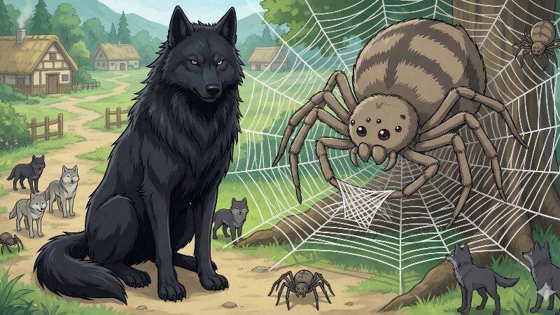 村の入り口で警備をするインフェルノウルフのクロと、巣で裁縫をする巨大蜘蛛ザブトン