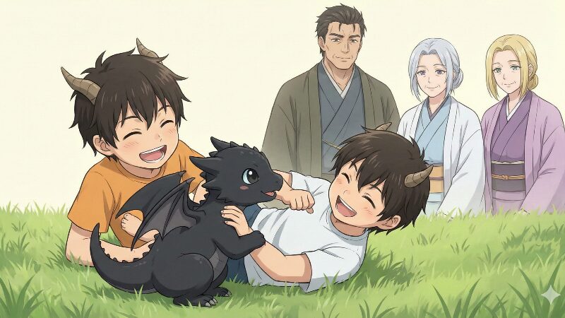 幼いヒイチロウと、子ドラゴンの姿をしたグラルが仲良く遊んでおり、それを祖父母たちが見守る