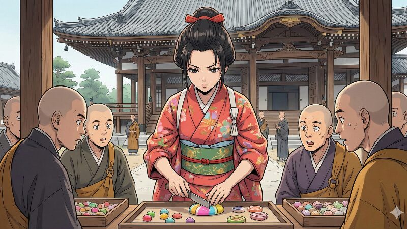 本願寺の境内で僧侶たちに見守られながら真剣に菓子作りをするようこ