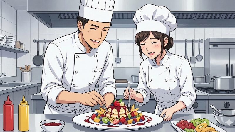 現代の厨房で笑顔で並んで働くコックコート姿のケンとようこ