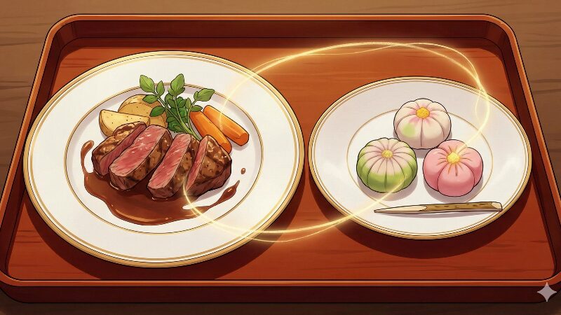 宴席の膳に並べられ、光の糸で結ばれたケンの料理とようこの菓子のクローズアップ