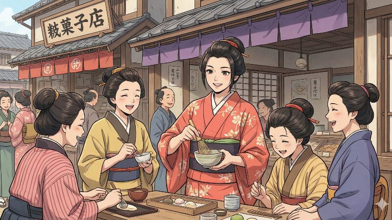 戦国の城下町で自分の店の前で地元の女性たちに楽しそうに菓子作りを教えるようこ