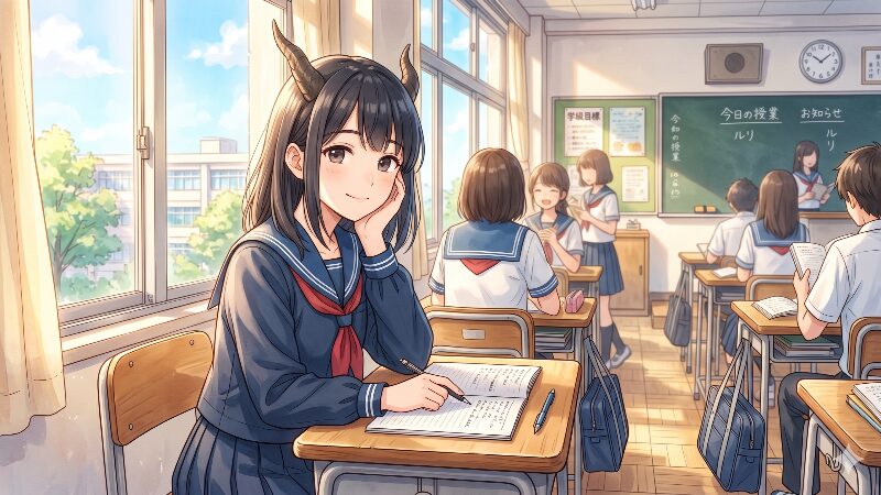 教室で穏やかに微笑むツノの生えた女子高生・青木ルリ