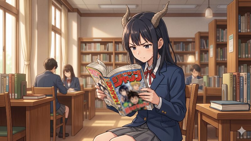 真剣な表情で分厚い漫画雑誌を読む青木ルリ