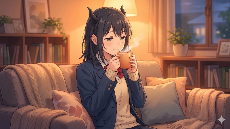 ソファに座り、温かいお茶を飲んでリラックスする青木ルリ