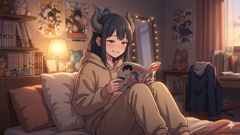 部屋で漫画雑誌を読みながら安心した表情を浮かべる青木ルリ