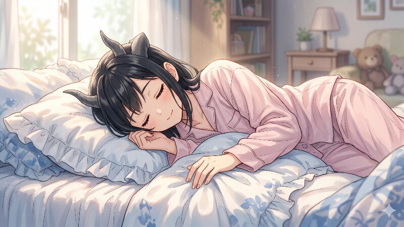 ベッドで穏やかに眠り、休息をとる青木ルリ