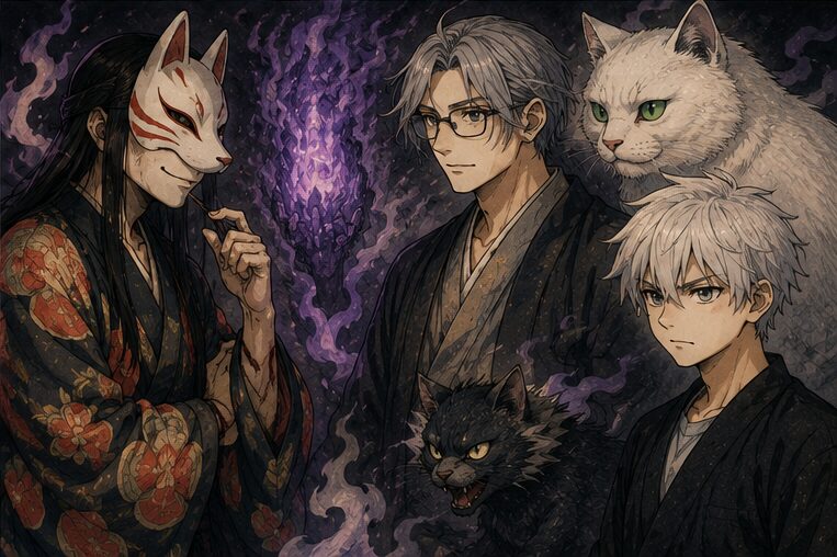 狐面の女性・銀髪の人物・猫たちが集う紫の妖気漂うシーン