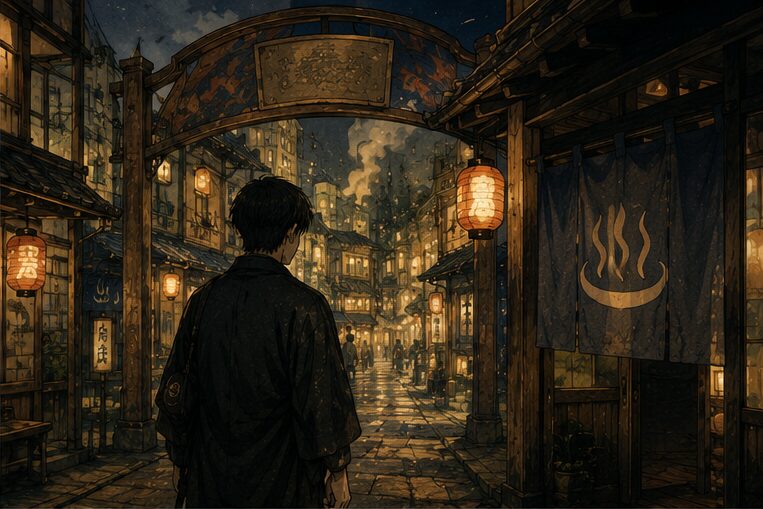 提灯の灯る夜の路地を歩く着物姿の男性