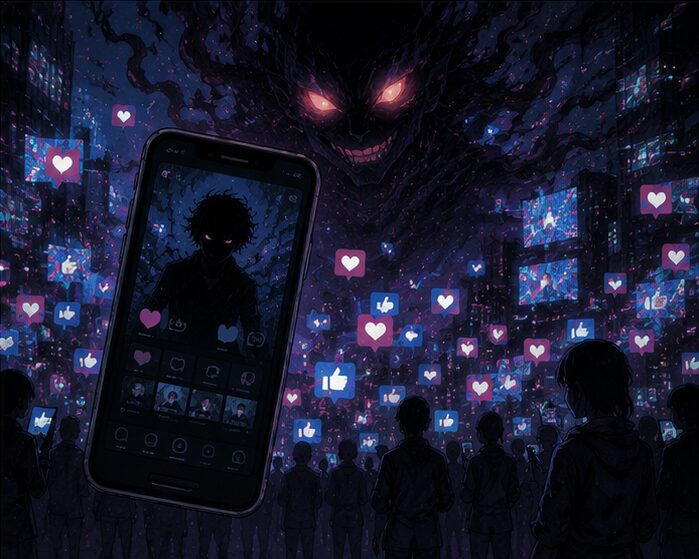 「いいね」やハートに囲まれたスマホ画面と、それを覗き込む群衆の上に浮かぶ妖