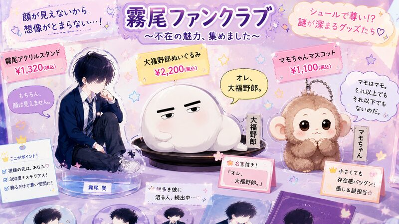 顔の隠れたアクスタや大福野郎・マモちゃんなど『霧尾ファンクラブ』のシュールなグッズ