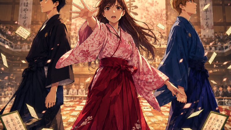 ちはやふる 千早・太一・新の3人が競技かるたの畳の上で向き合うシーン