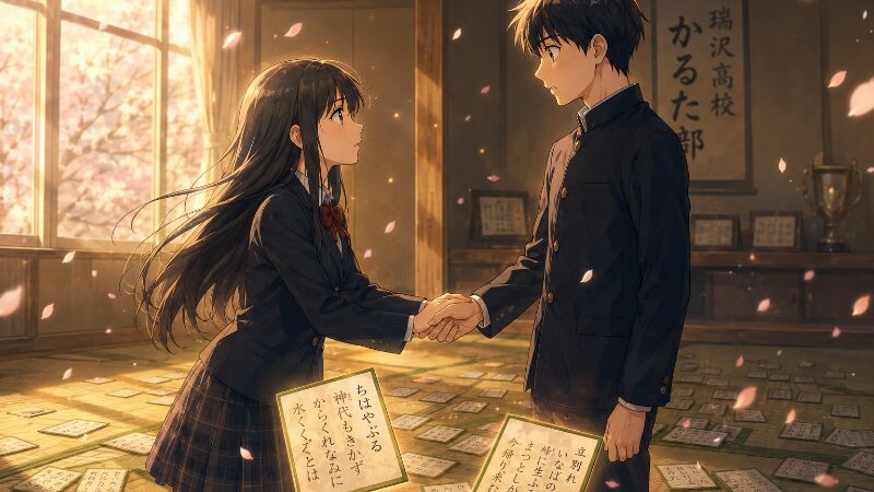 ちはやふる 千早と太一が卒業式後の部室で向き合うシーン、百人一首の札が舞う