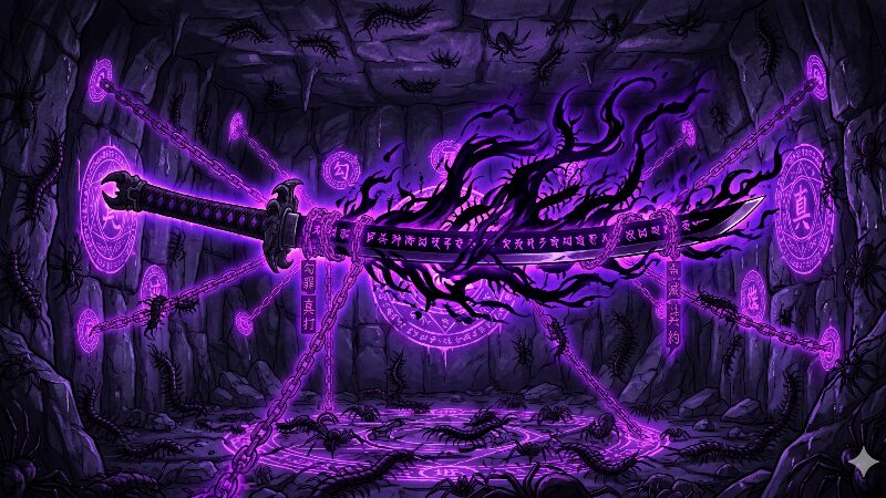 地下深くに封印された最強の妖刀『真打・勾罪(まがつみ)』と、その周囲を這う無数の蜘蛛や百足の不気味な気配