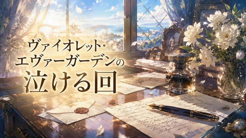 ヴァイオレット・エヴァーガーデンの泣ける回を象徴する手紙と万年筆のイメージ