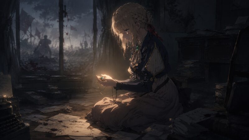ヴァイオレット・エヴァーガーデン第9話の罪悪感と再生を象徴する暗い部屋のイメージ