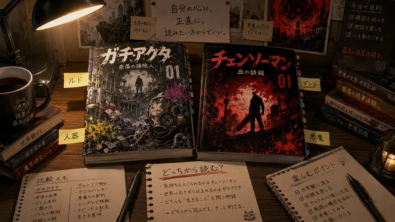ガチアクタとチェンソーマンの原作漫画を読み比べるイメージ