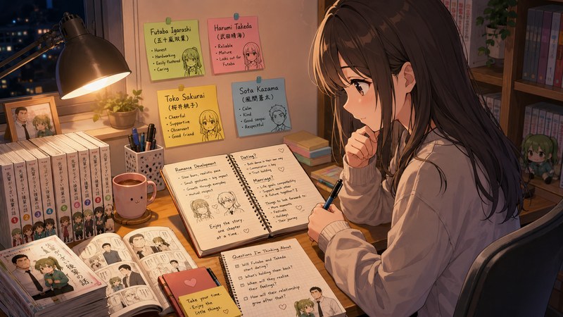 原作漫画を読みながら結婚や付き合う結末を確認する読者のイメージ