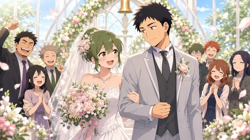 桜井桃子と風間蒼太の結婚式をイメージした祝福の画像
