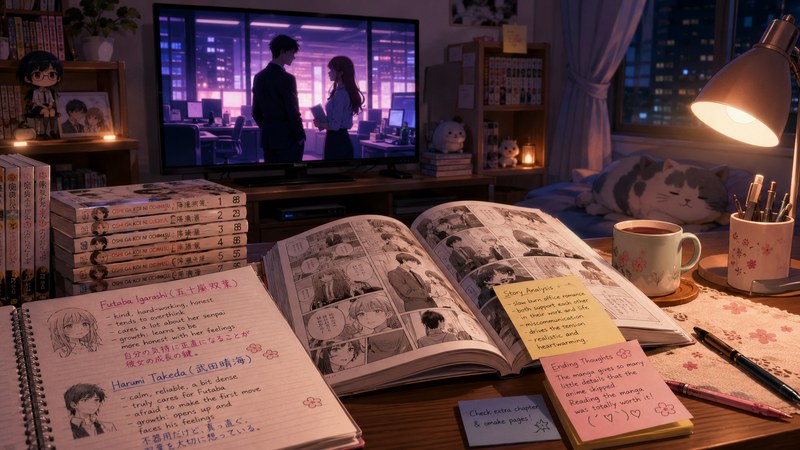 アニメから原作漫画へ進んで結末を確認する読者のイメージ