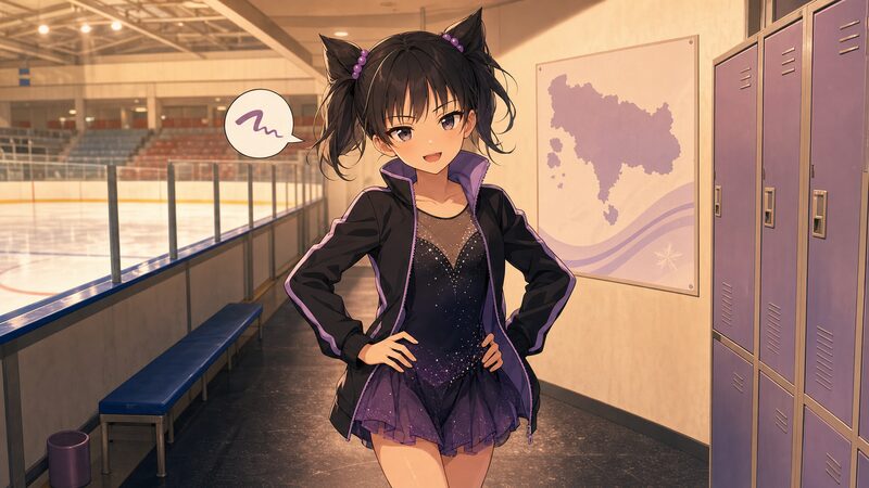 猫耳ヘアの小学生スケーター少女が話す様子のアニメ調イメージ