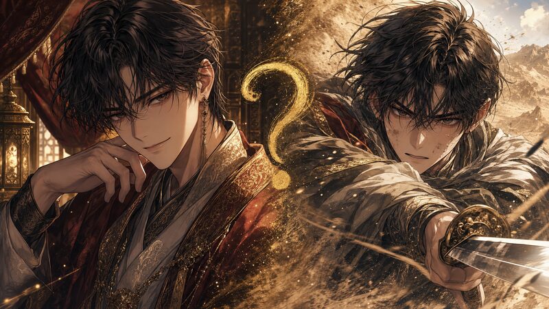 ギーヴの正体を象徴する王子説と戦闘能力の二面性を描いたイメージ