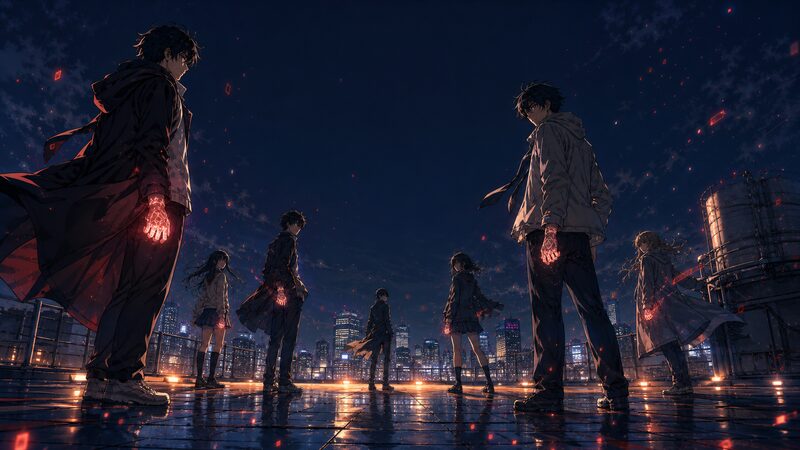 ダーウィンズゲームの死亡キャラたちが対峙する夜の都市の緊張感