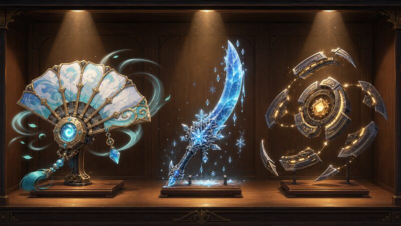 烈火の炎の代表的な魔道具を並べた図鑑イメージ