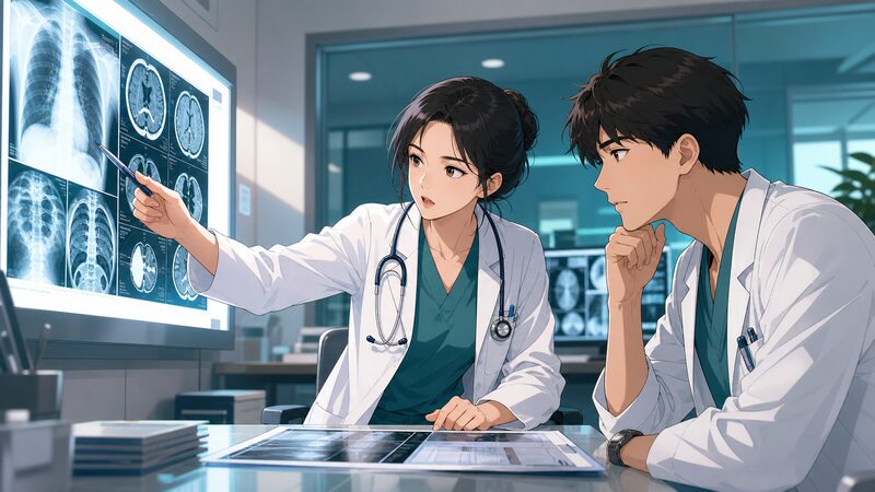 医療ミステリーの相棒として向き合う女性医師と男性医師のアニメ調イメージ
