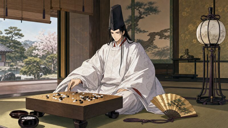 碁盤の前に座る平安装束の棋士サイ(佐為)のイメージ