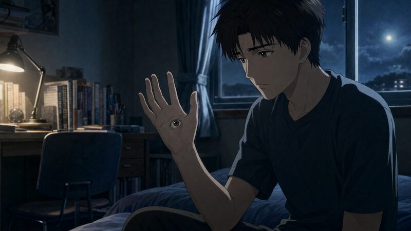寄生獣で眠りにつく前のミギーと新一の対話をイメージした夜の部屋のイラスト