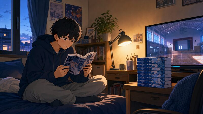 アオのハコの単行本を一気読みする読者と全26巻のイラスト