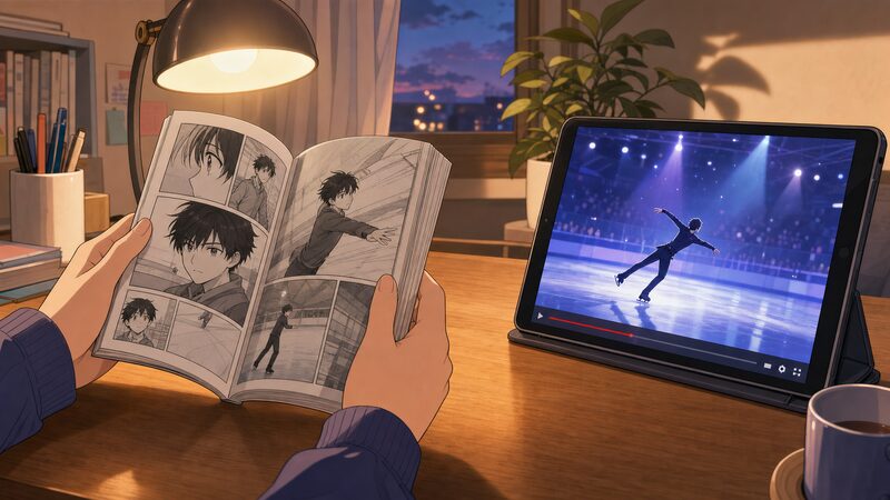 電子書籍とアニメ配信を見比べる読者のアニメ調イメージ