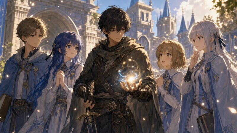 Almark (アルマーク) がノルク魔法学院で仲間たちと向き合うイメージ