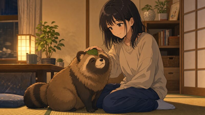 藤さんに寄り添い甘える「君」(Kimi) を描いたアニメ調イラスト(受け入れる優しさ)