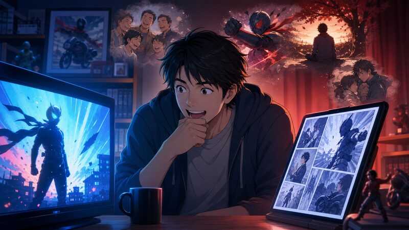 東島丹三郎は仮面ライダーになりたいのアニメと原作漫画を楽しむ読者