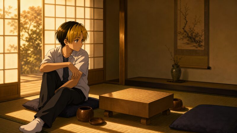 誰もいない碁盤を見つめる少年ヒカルのイメージ