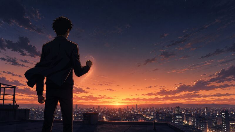 寄生獣の最終回の屋上シーンを象徴する夕暮れのビル屋上に立つ新一のイラスト