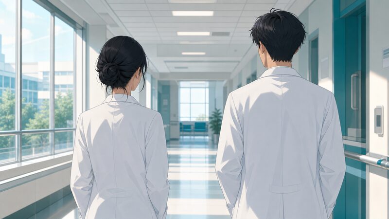 恋愛未満の距離感を象徴する女性医師と男性医師の後ろ姿のアニメ調イメージ