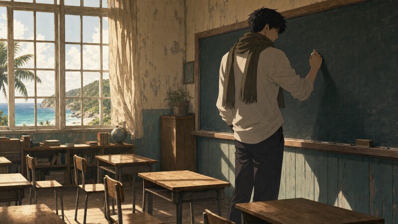 孤島の教室で静かに暮らす少佐を描いたアニメ調イメージ