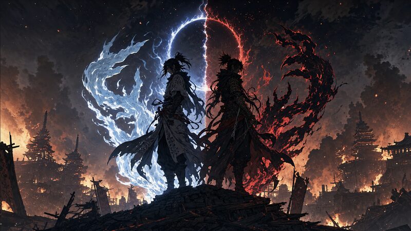 虚空と海魔という二人の炎術士が魔道具を生み出す起源のイメージ