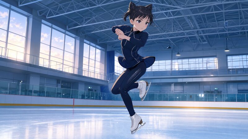 独学でジャンプ練習をする猫耳ヘアの少女スケーターのアニメ調イメージ