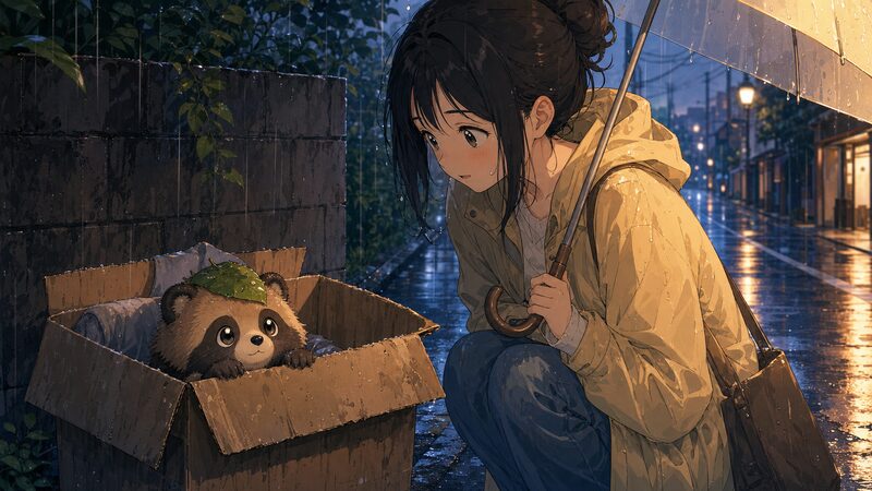 雨の日に段ボールの「君」(Kimi) と出会う藤さんのアニメ調イラスト(第1話の出会い)