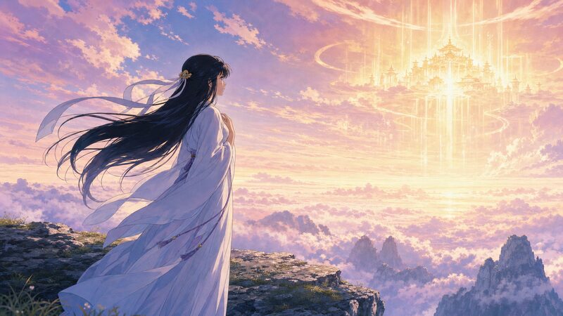 地上を守るため決断する女神のようなキャラクターのイメージ
