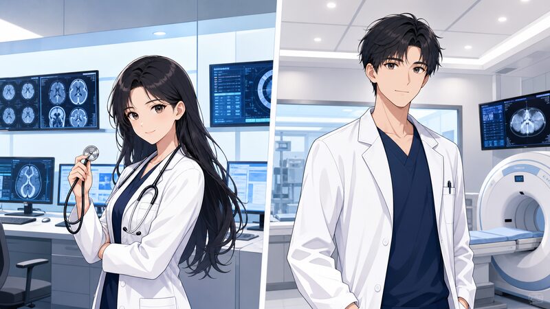 統括診断部で並ぶ天才女性医師と誠実な男性内科医のアニメ調イメージ