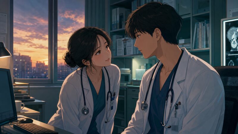 男性医師を頼る女性医師の無防備な表情を描いたアニメ調イメージ